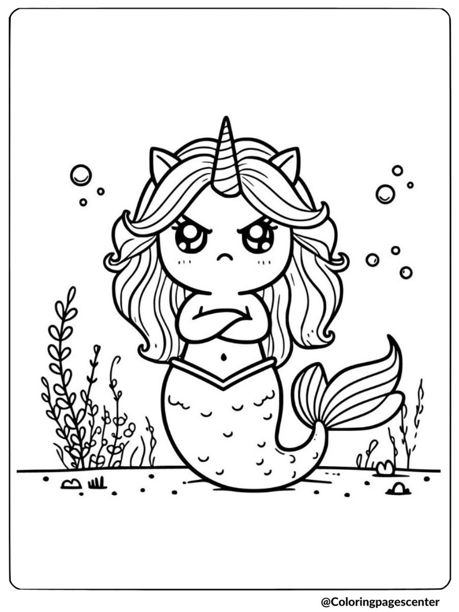 Upset unicorn mermaid underwater coloring page