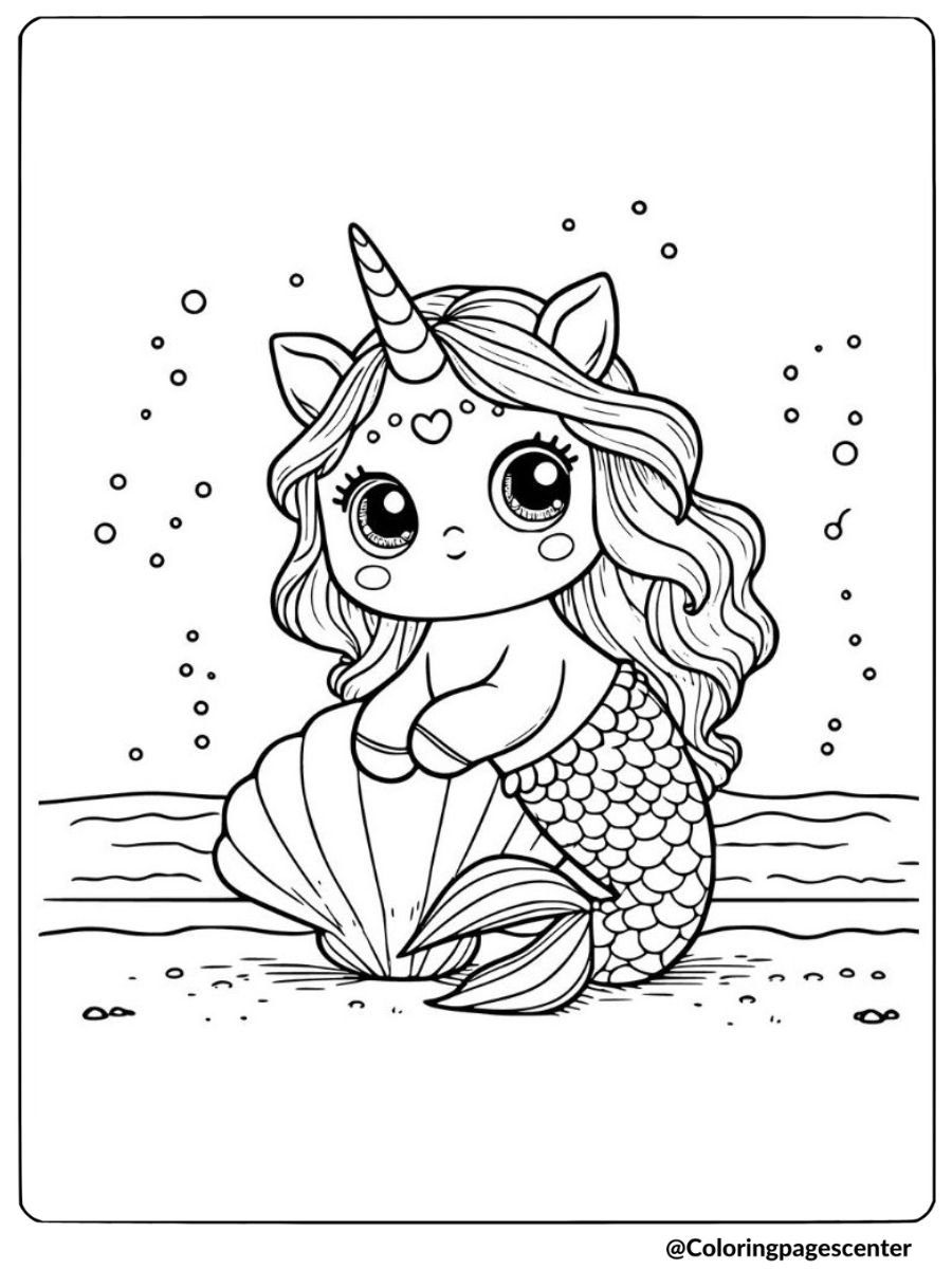 Seashell-holding unicorn mermaid coloring page