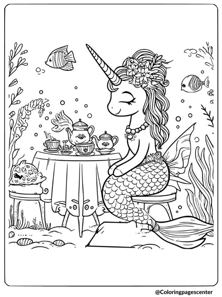 Underwater tea party with unicorn mermaid coloring page