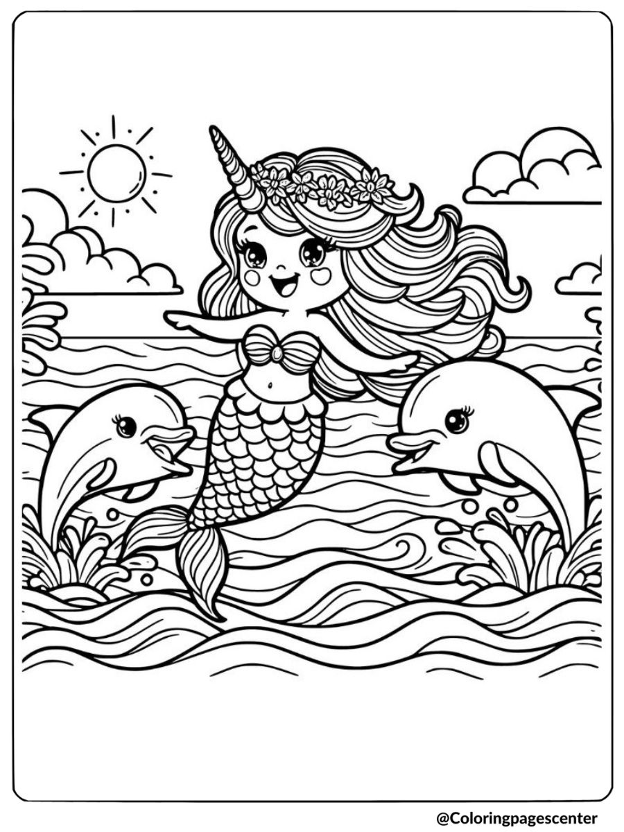 Unicorn mermaid playing with dolphins coloring page