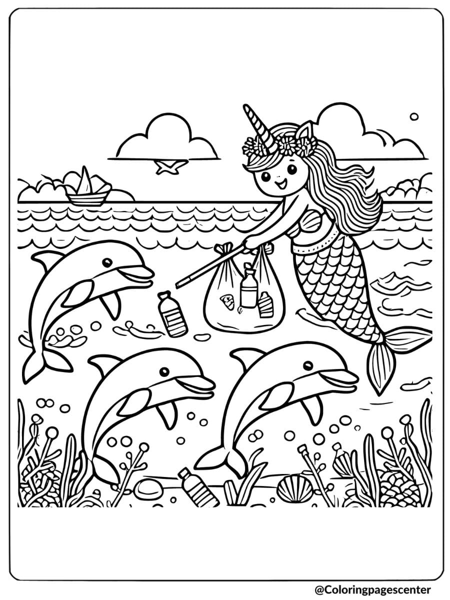 Ocean-cleaning unicorn mermaid with dolphins coloring page