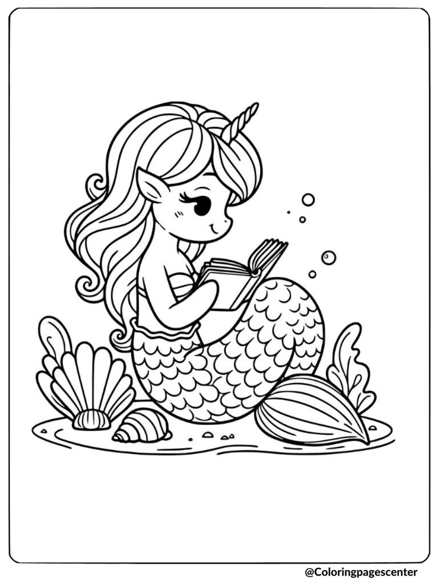 Book-loving unicorn mermaid in the sea coloring page