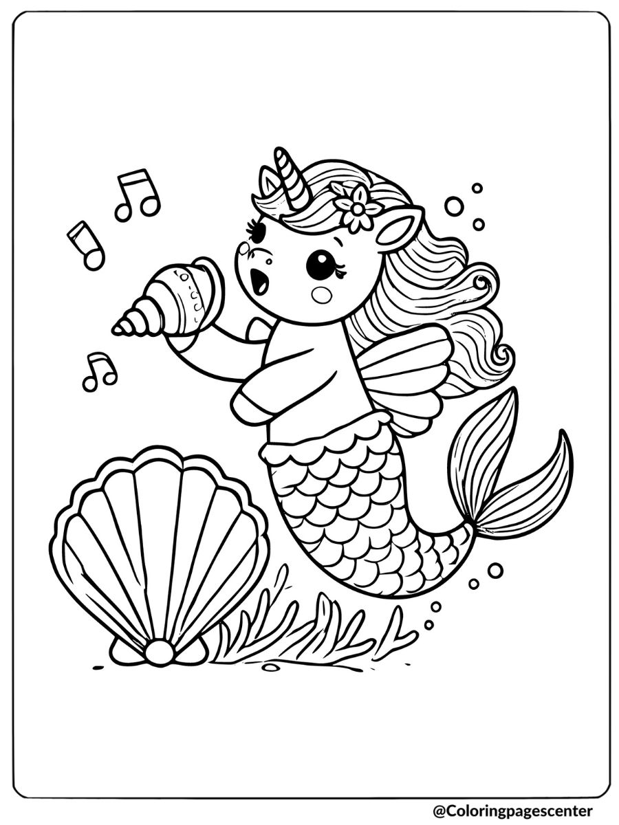 Musical unicorn mermaid under the sea coloring page