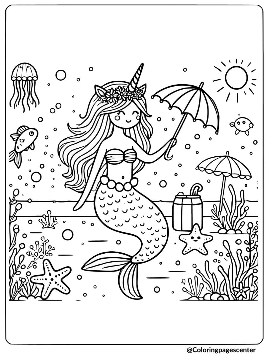 Relaxing unicorn mermaid with umbrella coloring page