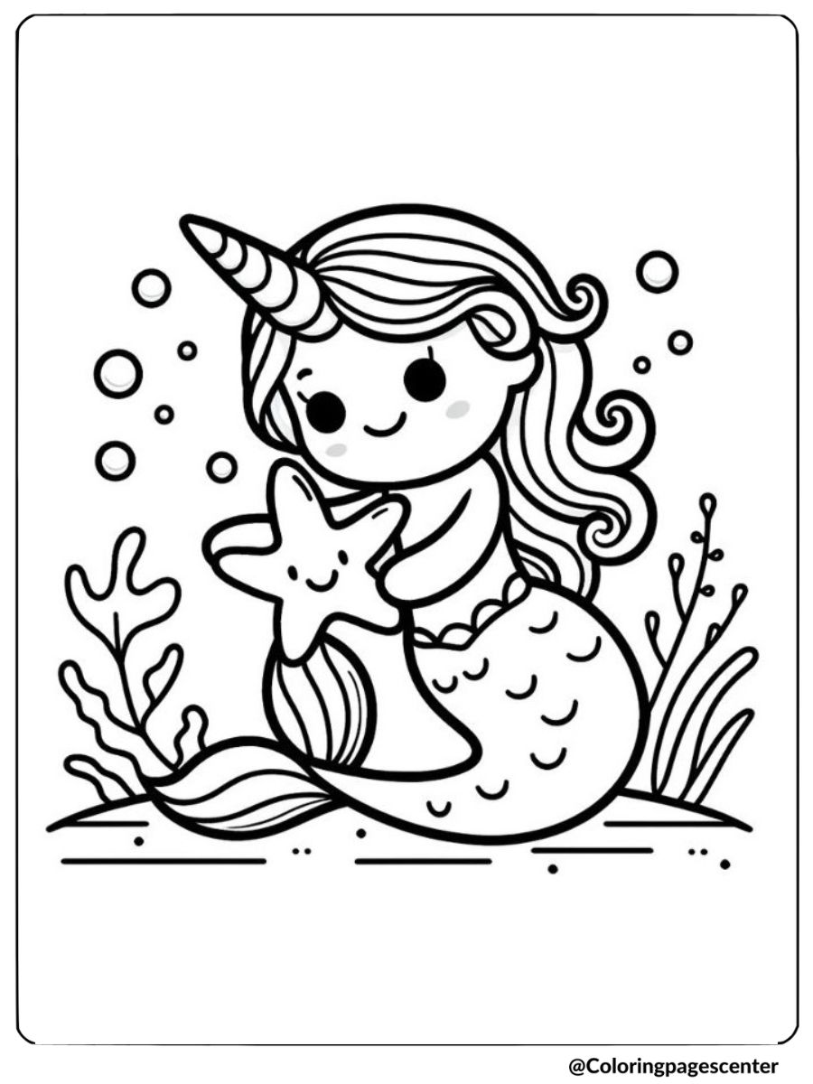 Unicorn mermaid hugging a starfish coloring page