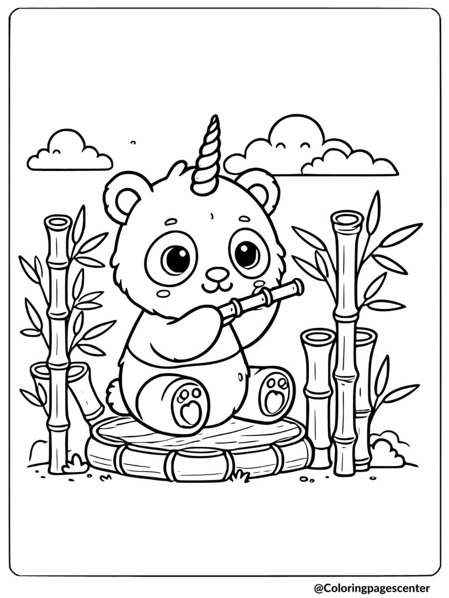 Coloring page of a unicorn panda eating bamboo