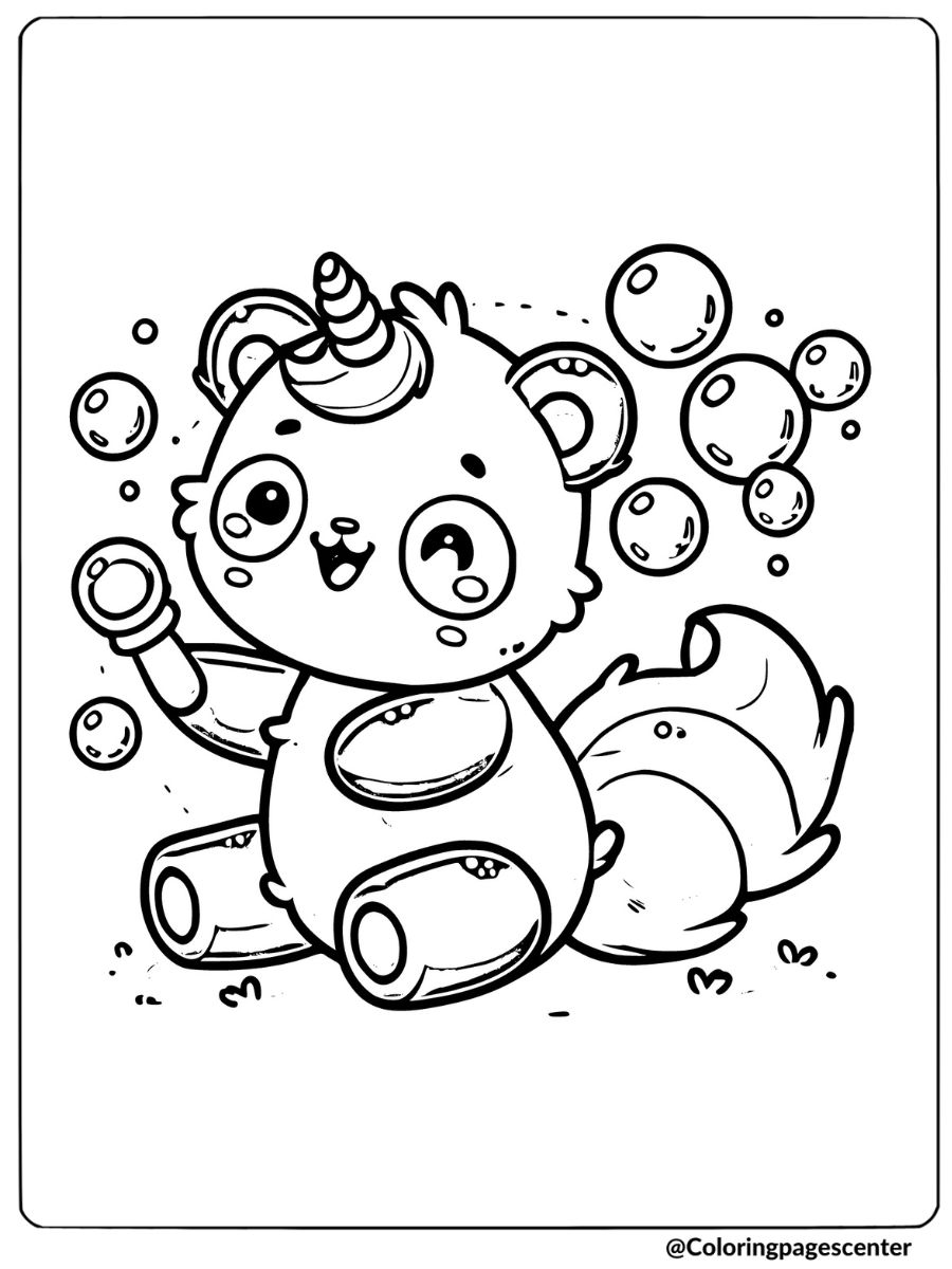 Coloring page of a unicorn panda playing with bubbles