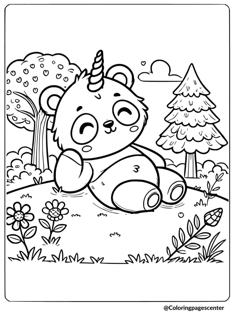 Coloring page of a unicorn panda relaxing in a field