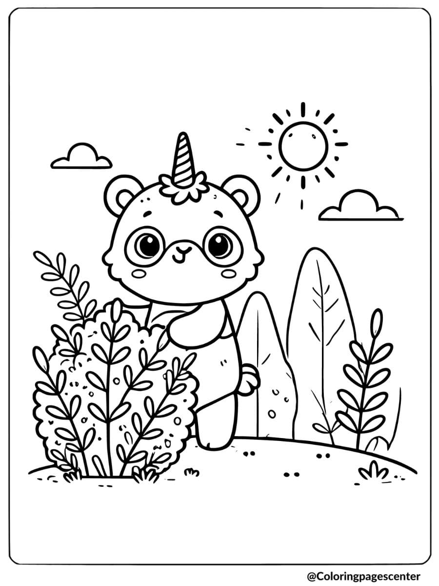 Coloring page of a unicorn panda in the sun