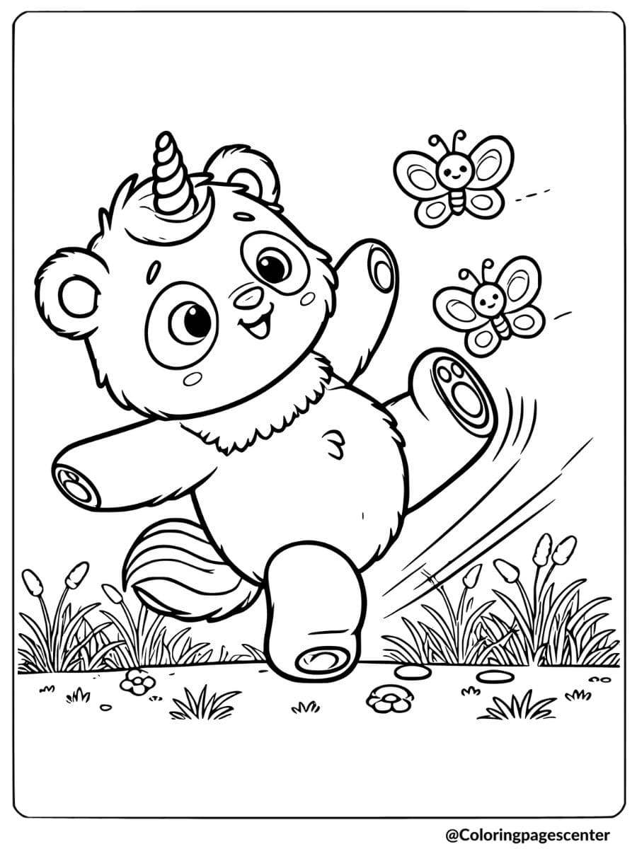 Coloring page of a unicorn panda with butterflies