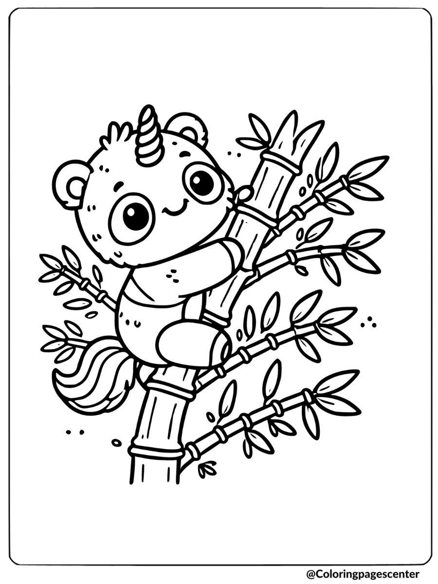 Coloring page of a unicorn panda climbing bamboo