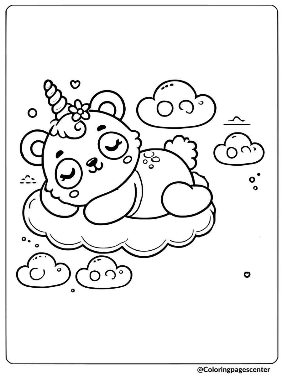 Coloring page of a unicorn panda sleeping on a cloud