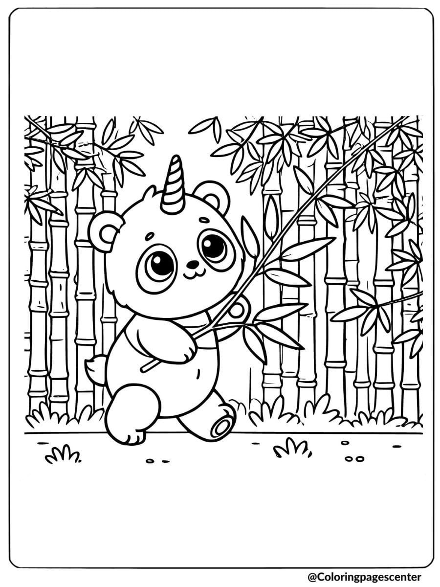 Coloring page of a unicorn panda in a bamboo forest