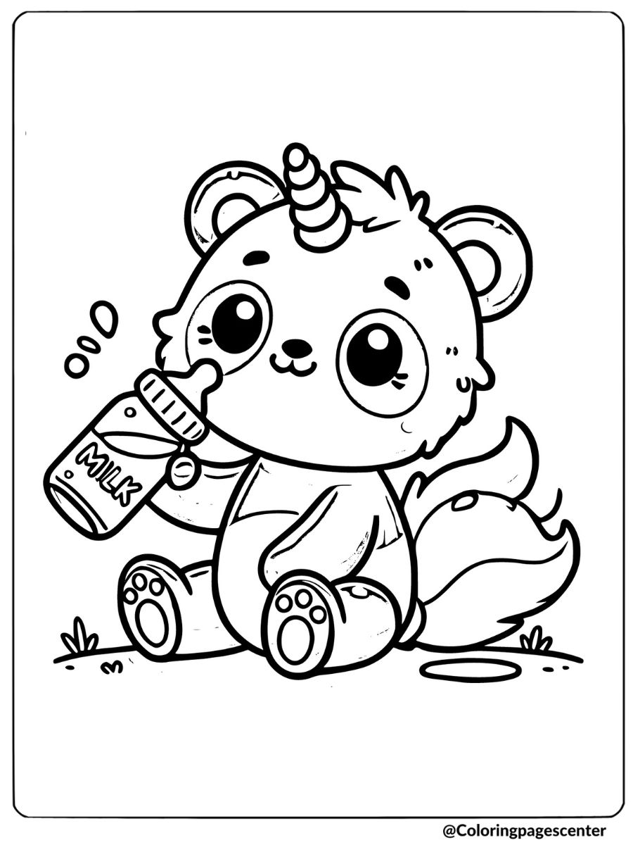 Coloring page of a unicorn panda with a milk bottle