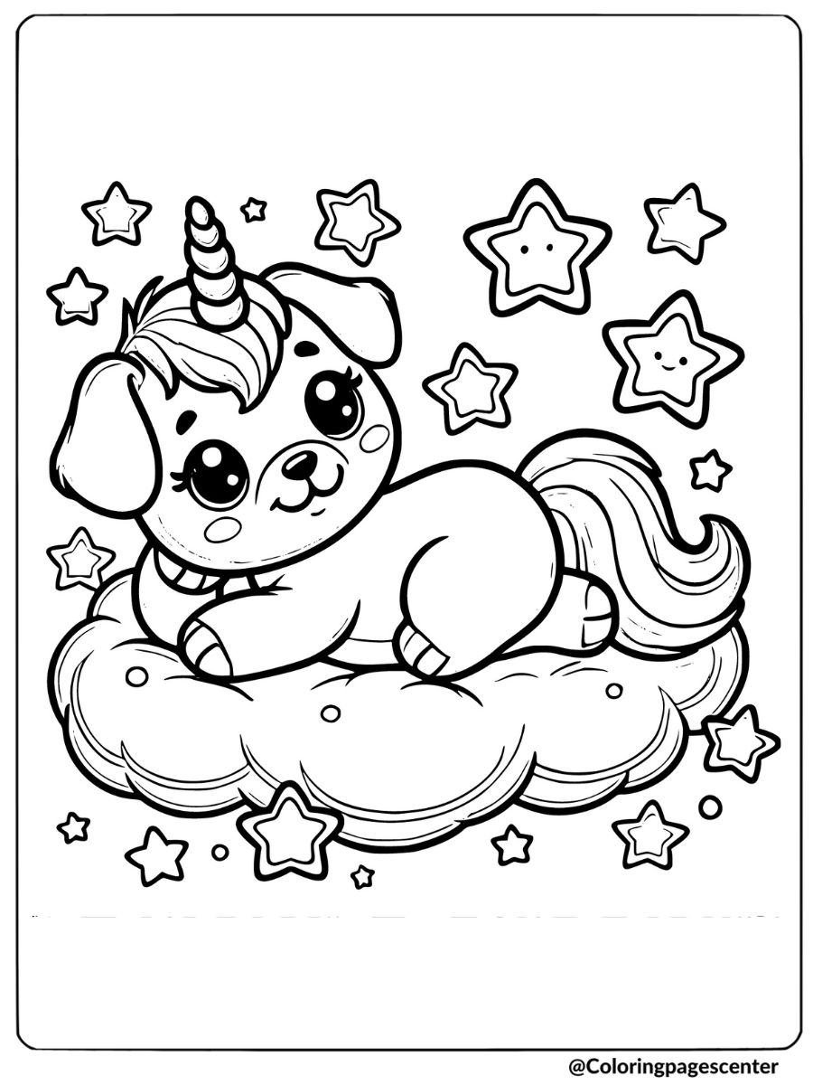 Cute unicorn puppy on a cloud coloring page