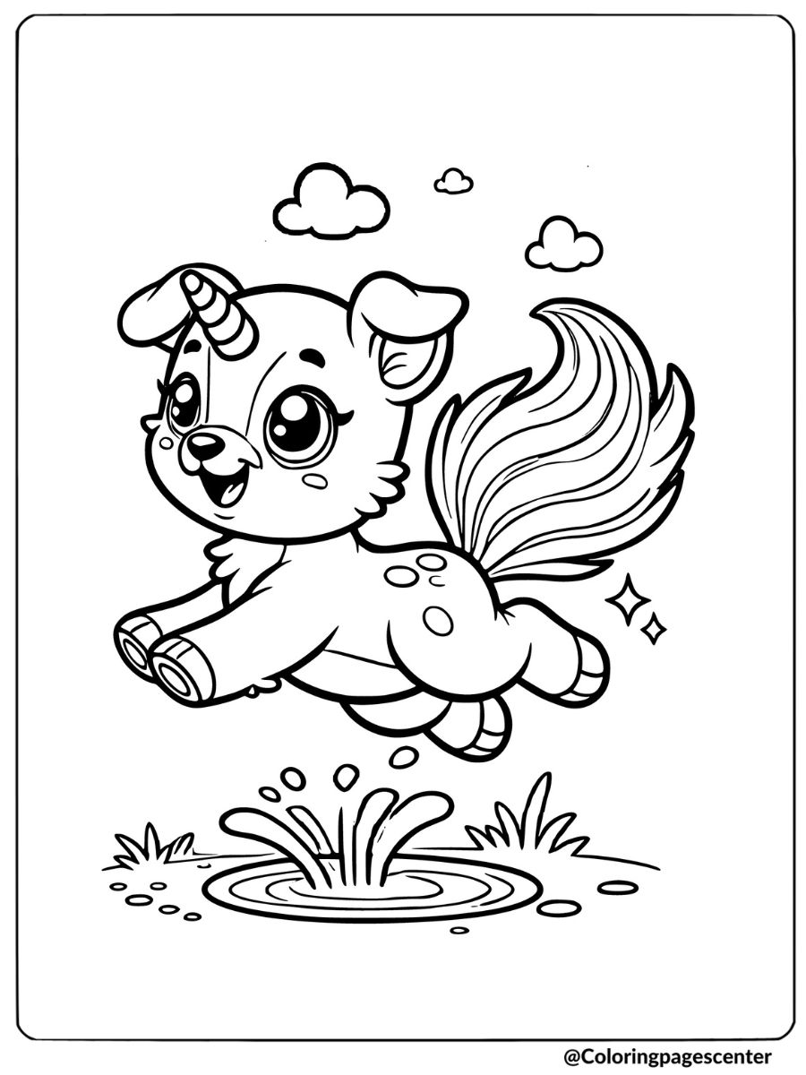 Happy unicorn puppy jumping near water coloring page