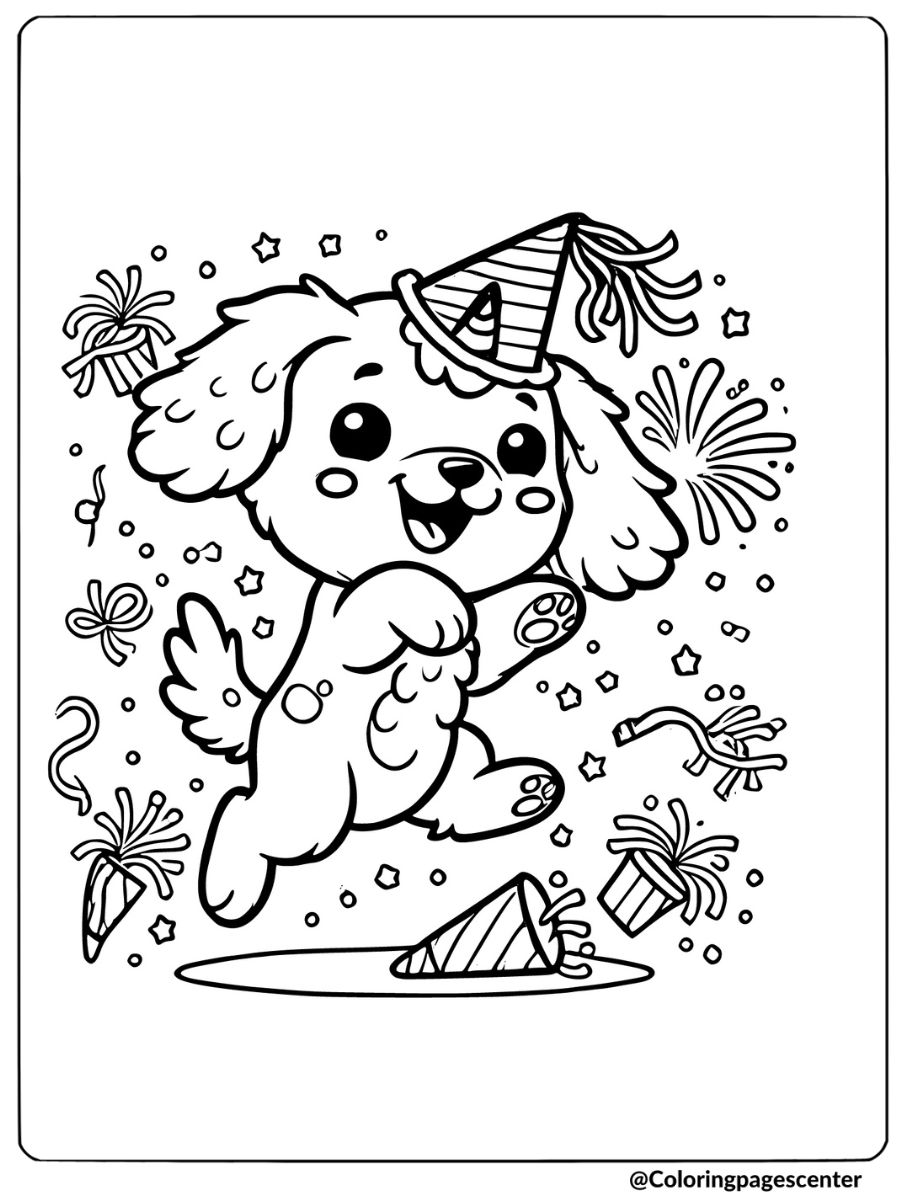Unicorn puppy celebrating with fireworks coloring page