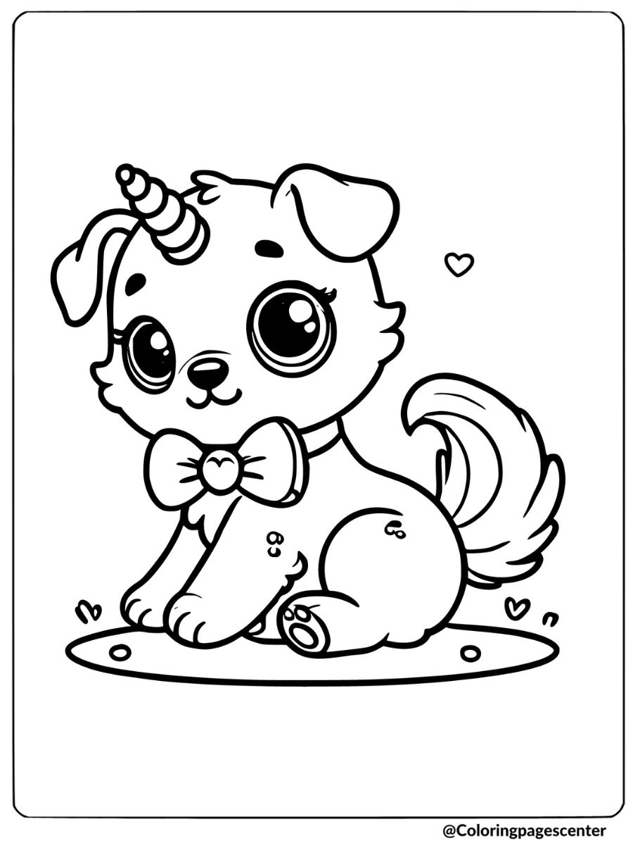 Unicorn puppy wearing a bow coloring page