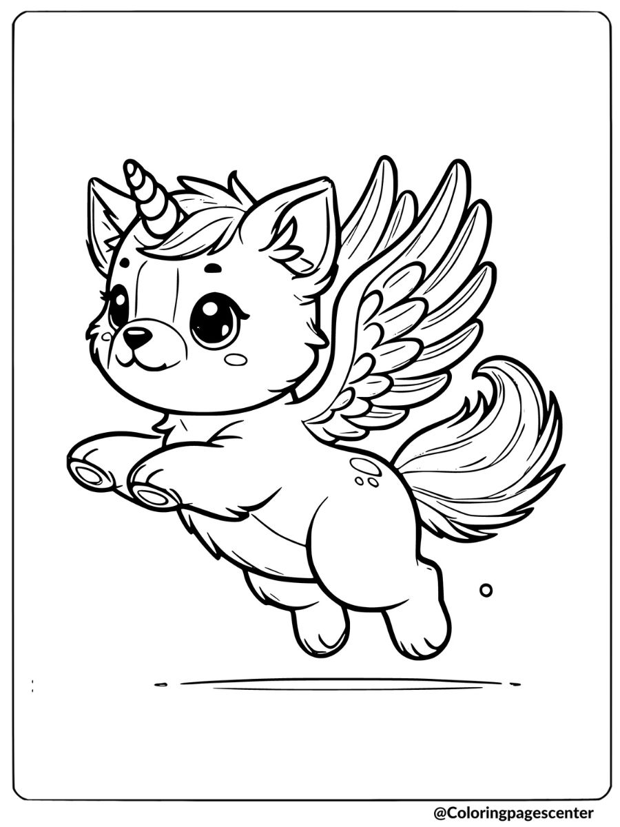 Winged unicorn puppy soaring coloring page