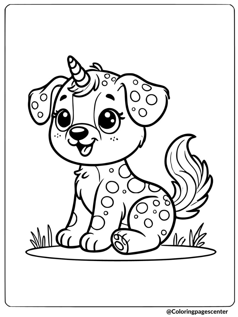 Unicorn puppy with spots in grass coloring page