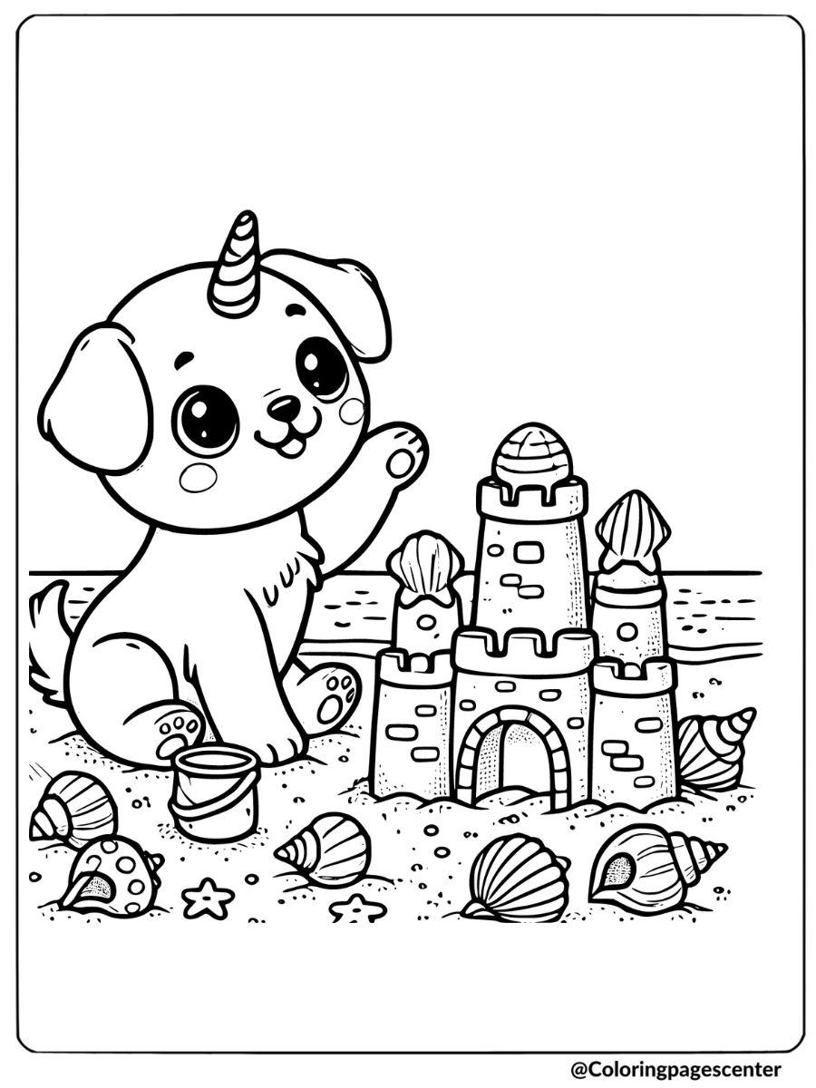 Playful unicorn puppy building a sandcastle coloring page