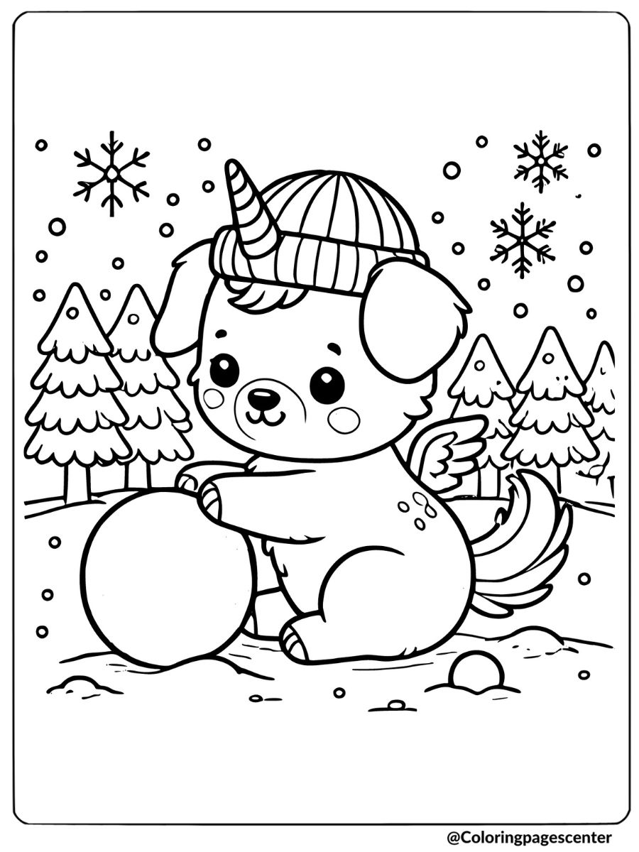 Unicorn puppy in the snow with a snowball coloring page