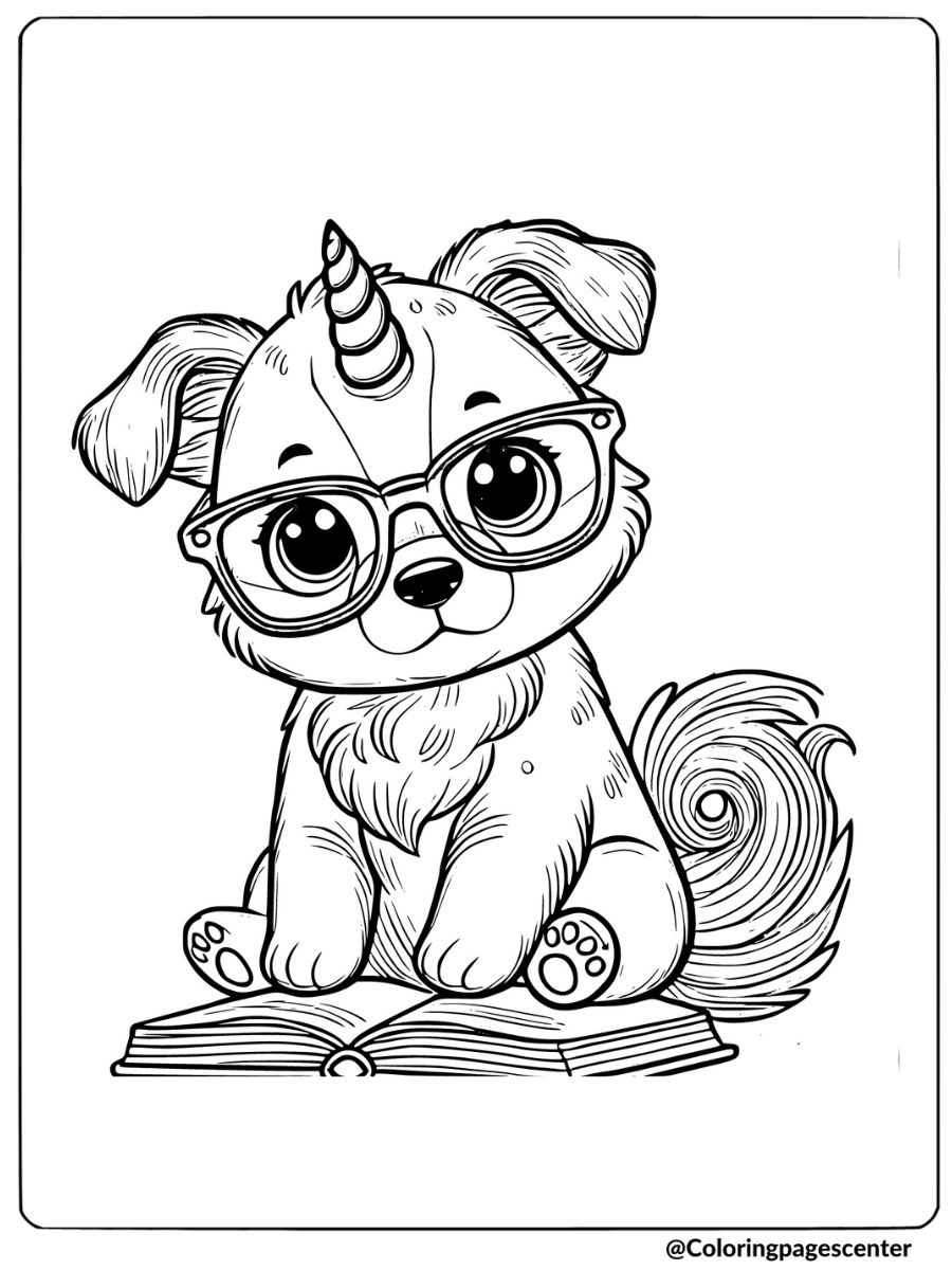 Smart unicorn puppy with glasses reading coloring page