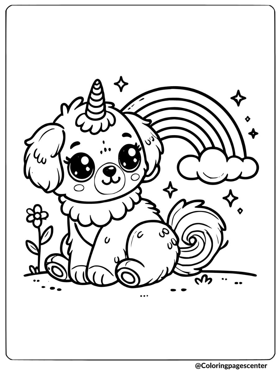 Unicorn puppy and rainbow in a garden coloring page