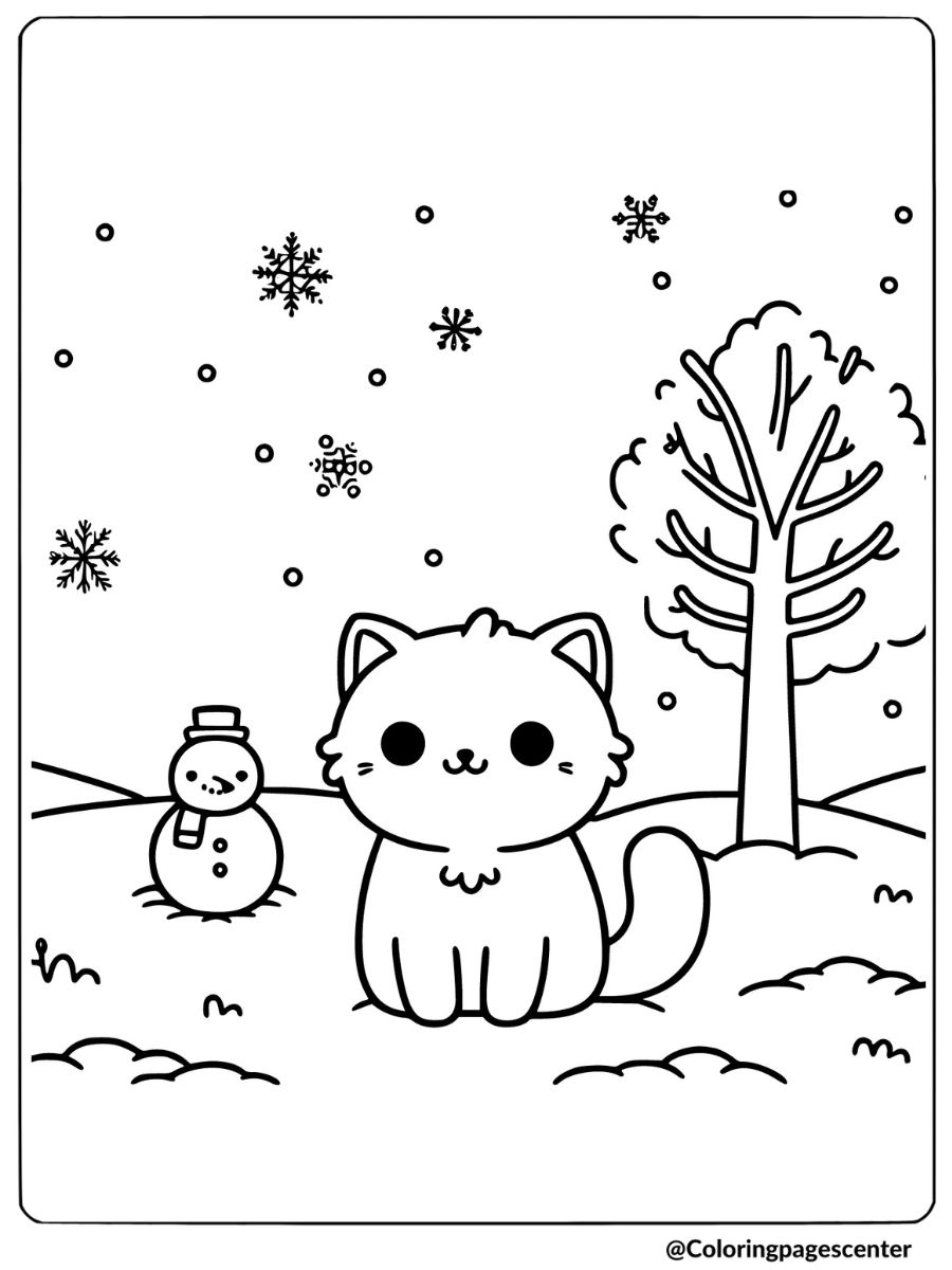 winter cat sitting in snow with snowman coloring page