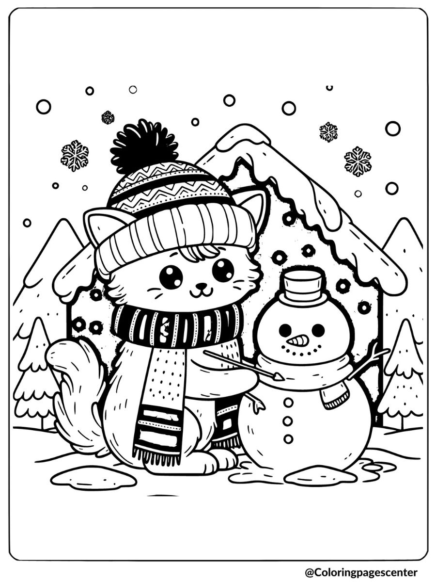 winter cat building a snowman coloring page