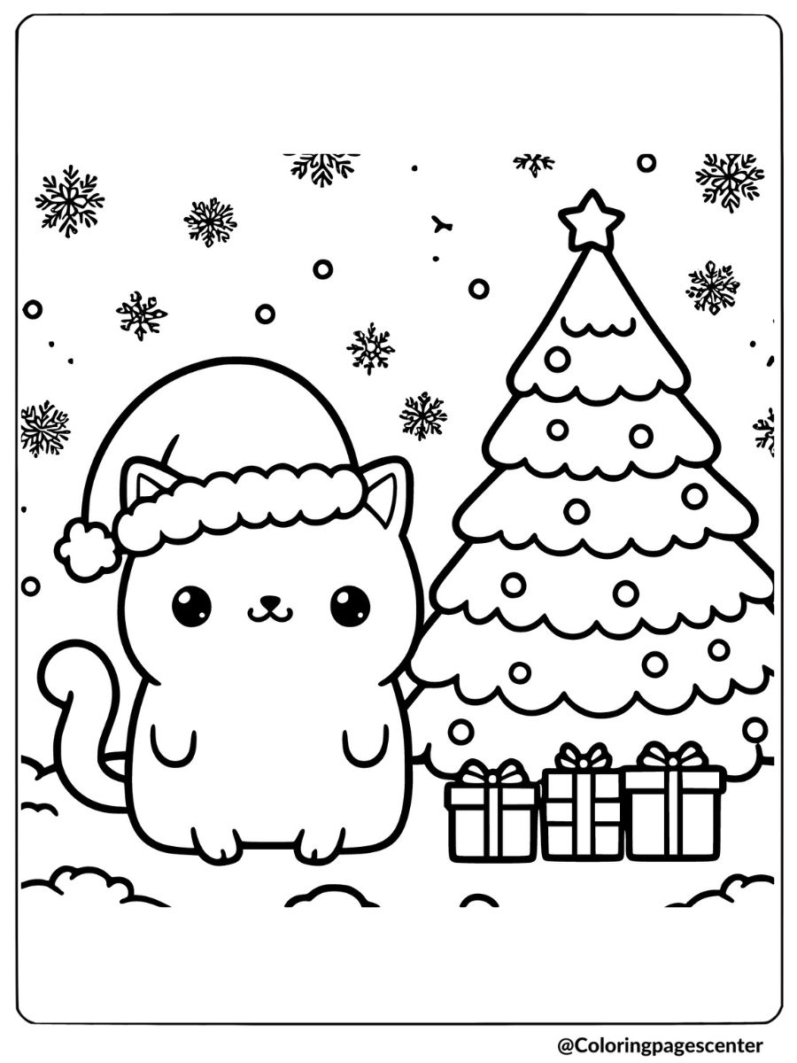 winter cat dressed as santa coloring page