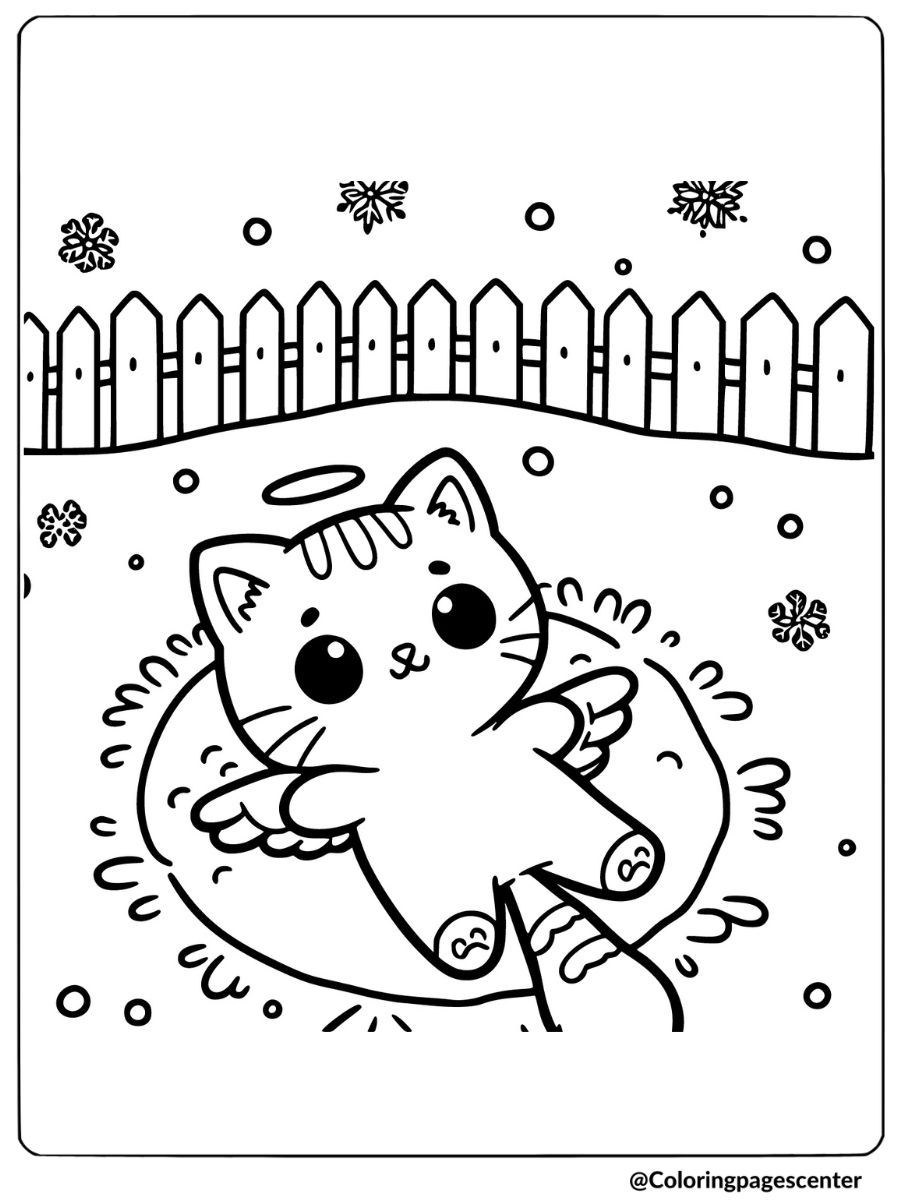 Coloring Page of Winter Cat with Angel Wings