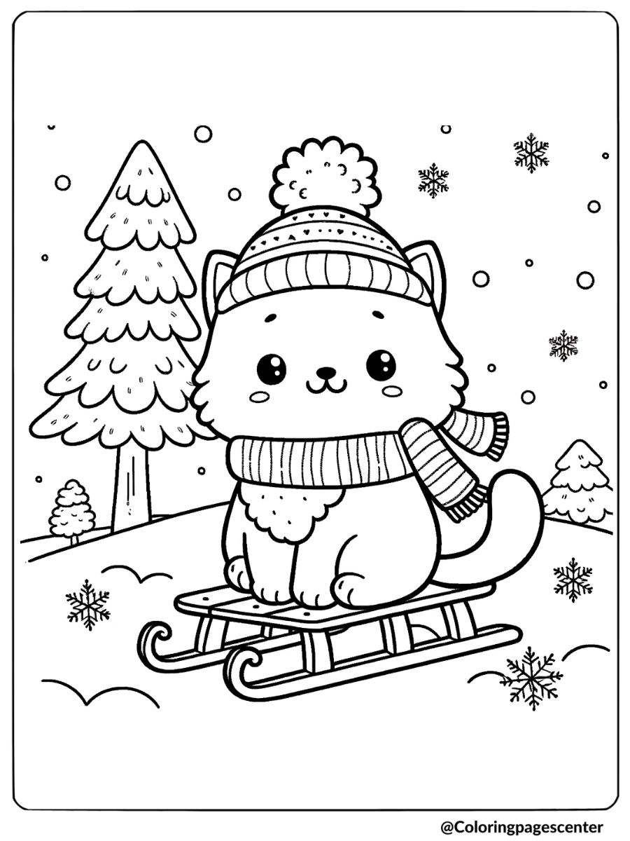 winter cat sledding coloring page