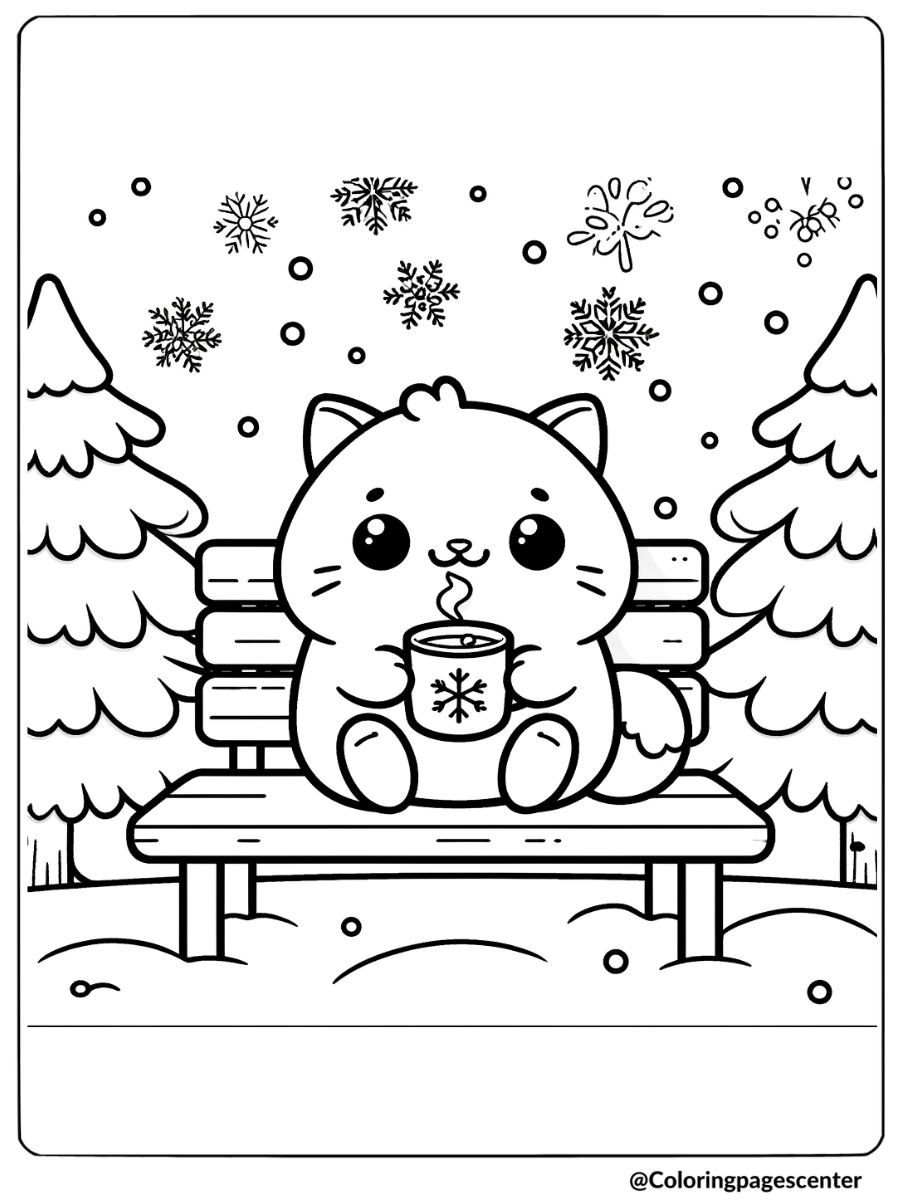 winter cat holding hot chocolate coloring page