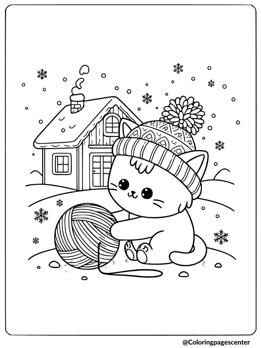 winter cat playing with yarn coloring page