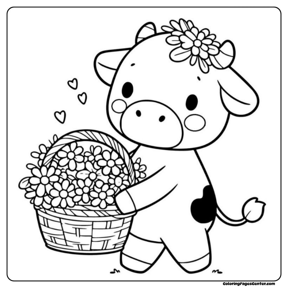 A flower cow coloring page with bouquet-filled basket