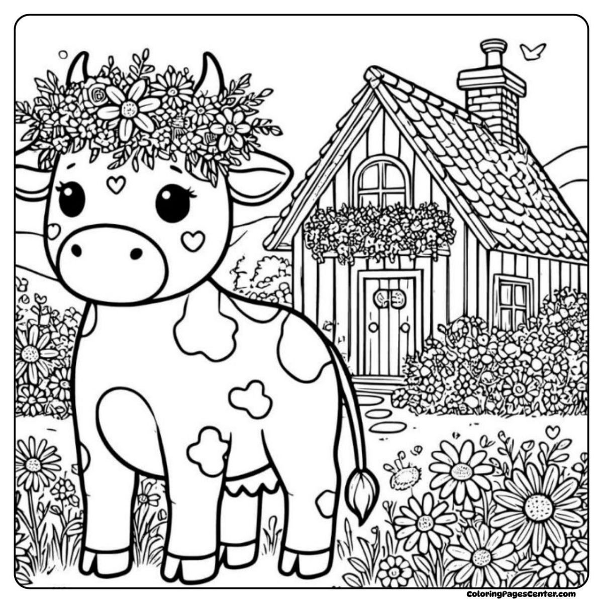 A flower cow coloring page with floral house backdrop