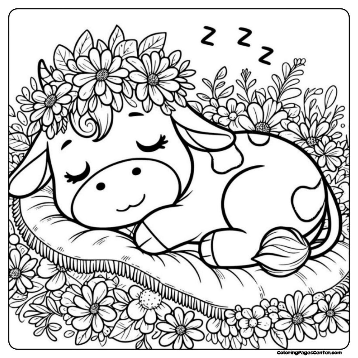 A flower cow coloring page lying on flower cushion