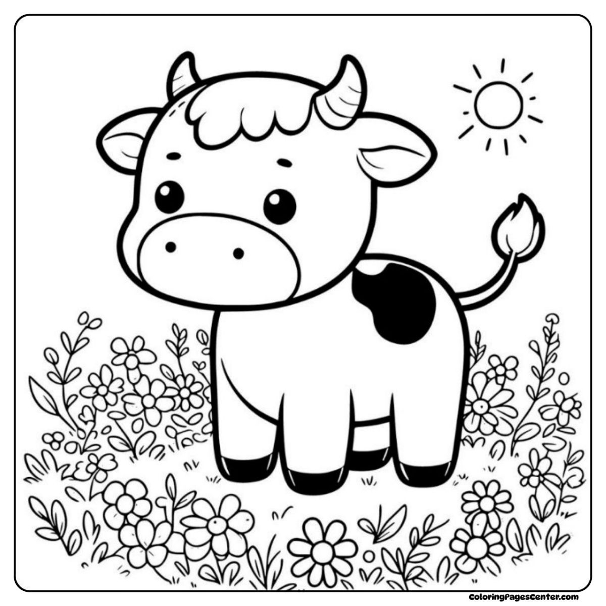 A flower cow coloring page with blooms and bright sky