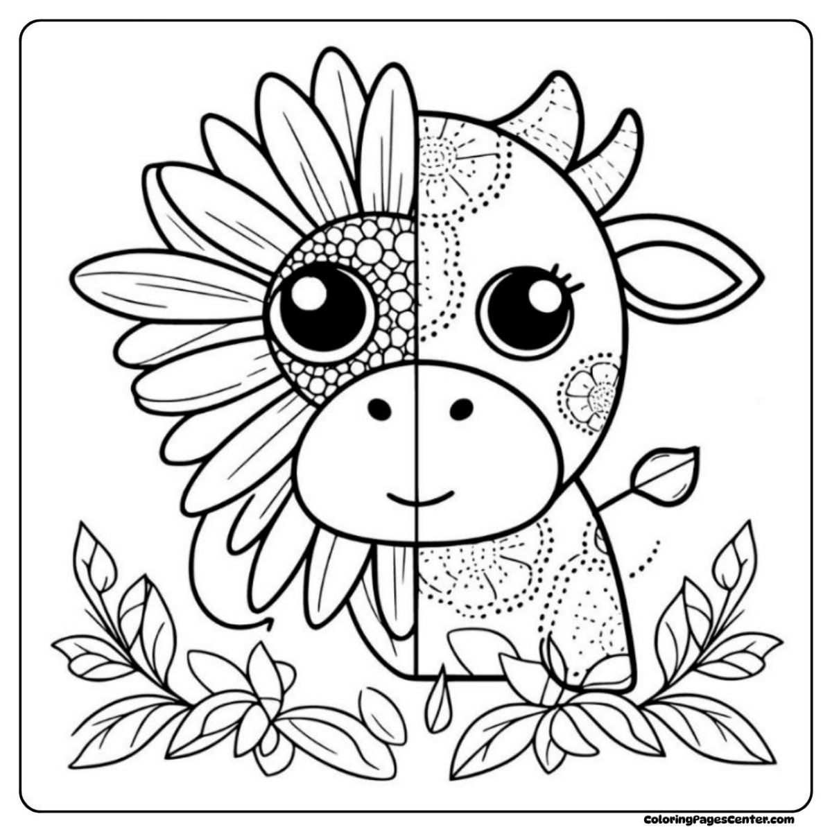 A flower cow coloring page showing half face as sunflower
