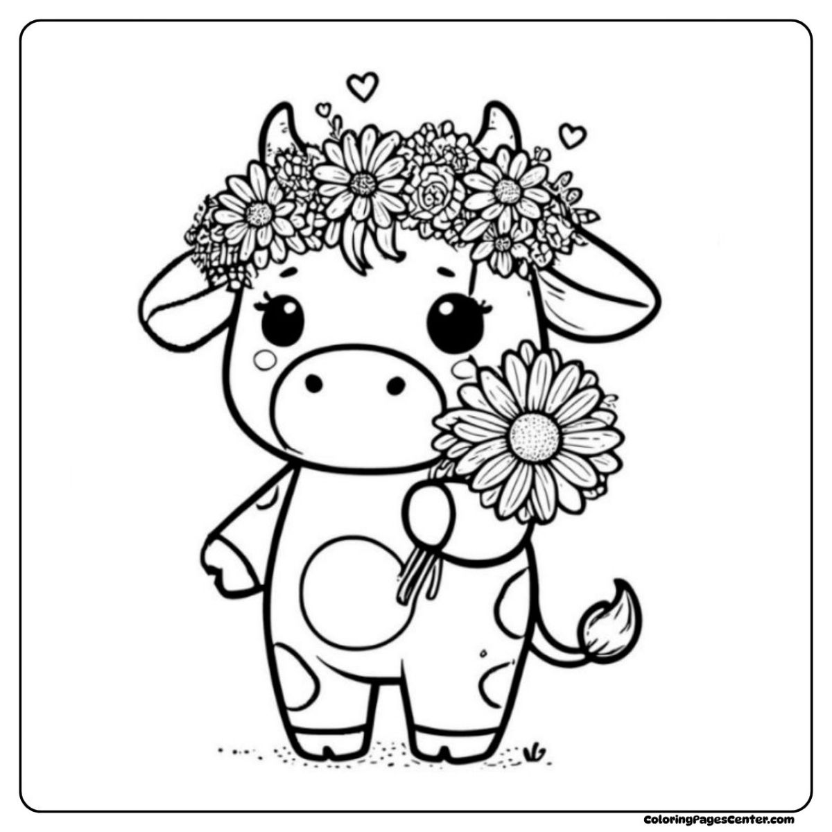 A flower cow coloring page holding flowers and smiling