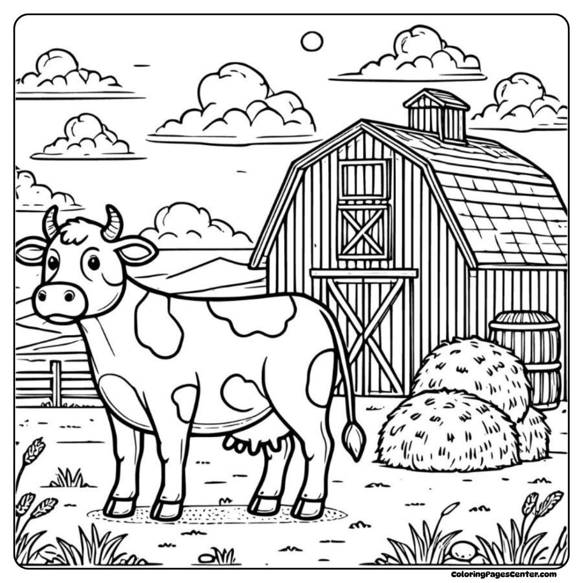 Calm cow coloring page with barn and rolling green hills