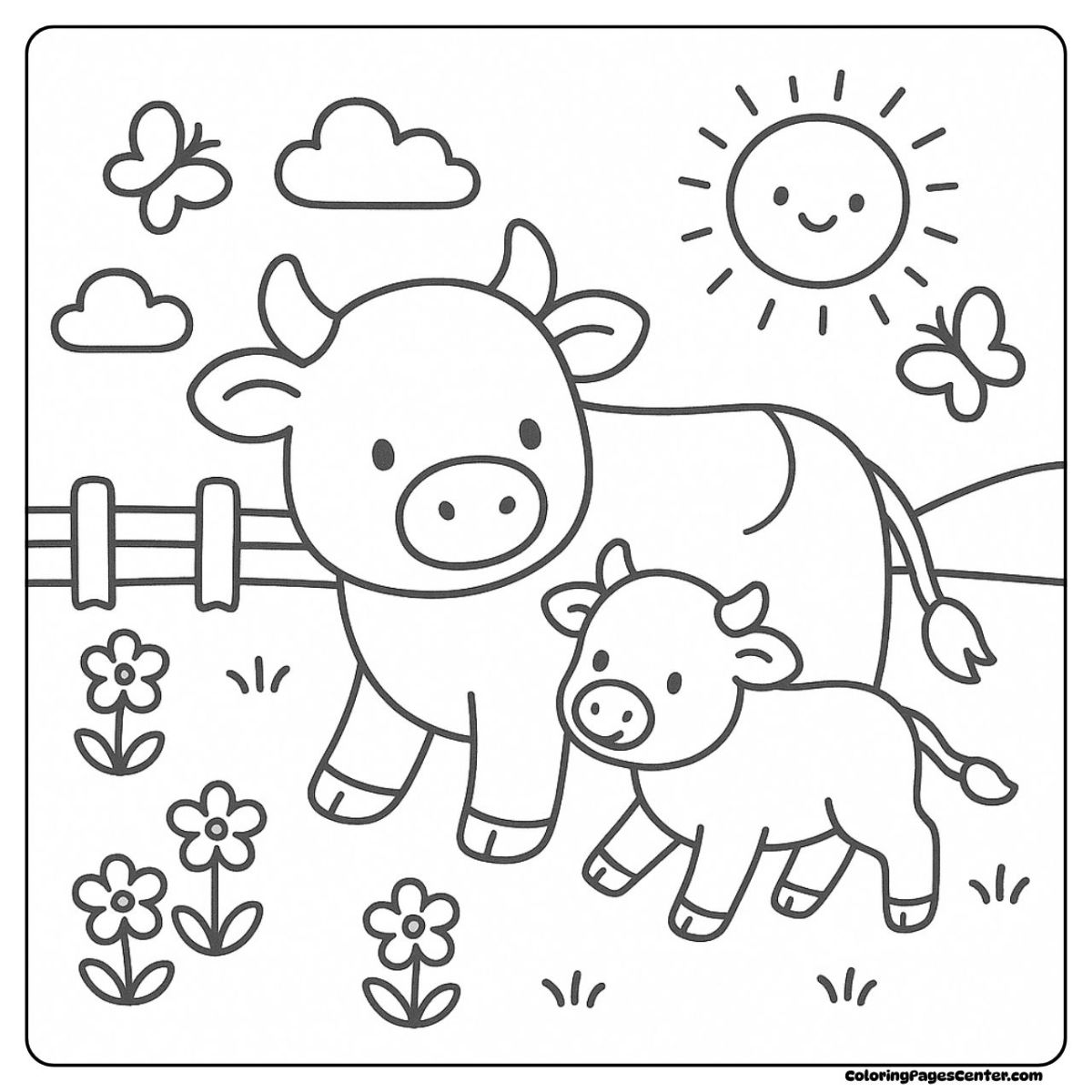 Cow coloring page with a mother cow and her calf under the sun