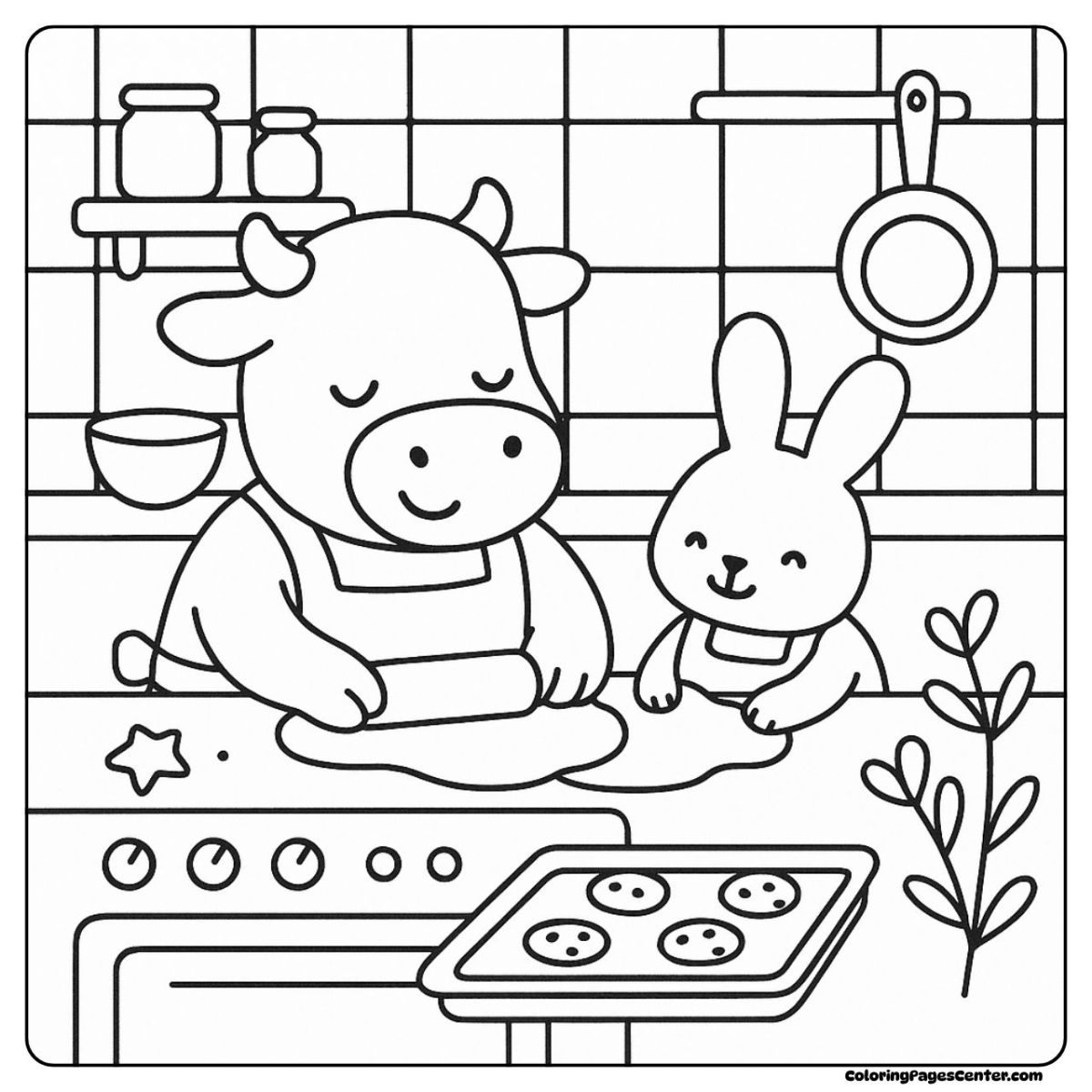 Cow coloring page rolling dough beside her bunny friend