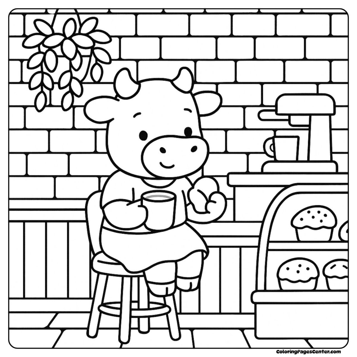 Cow coloring page with a cow sipping tea, surrounded by sweet treats