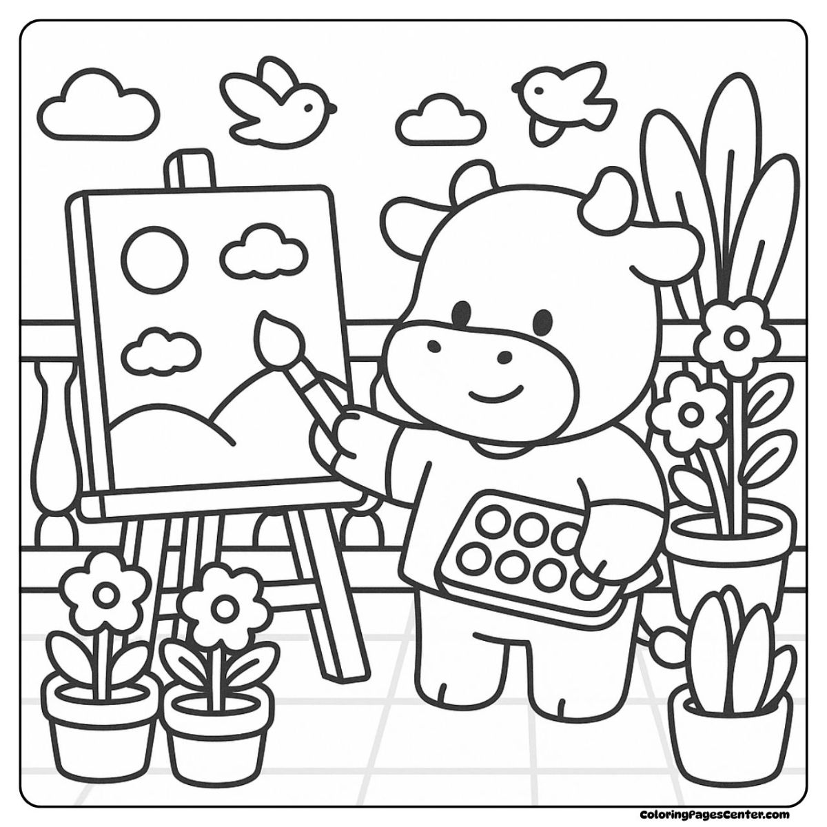 Cow coloring page with a cheerful cow making art outdoors