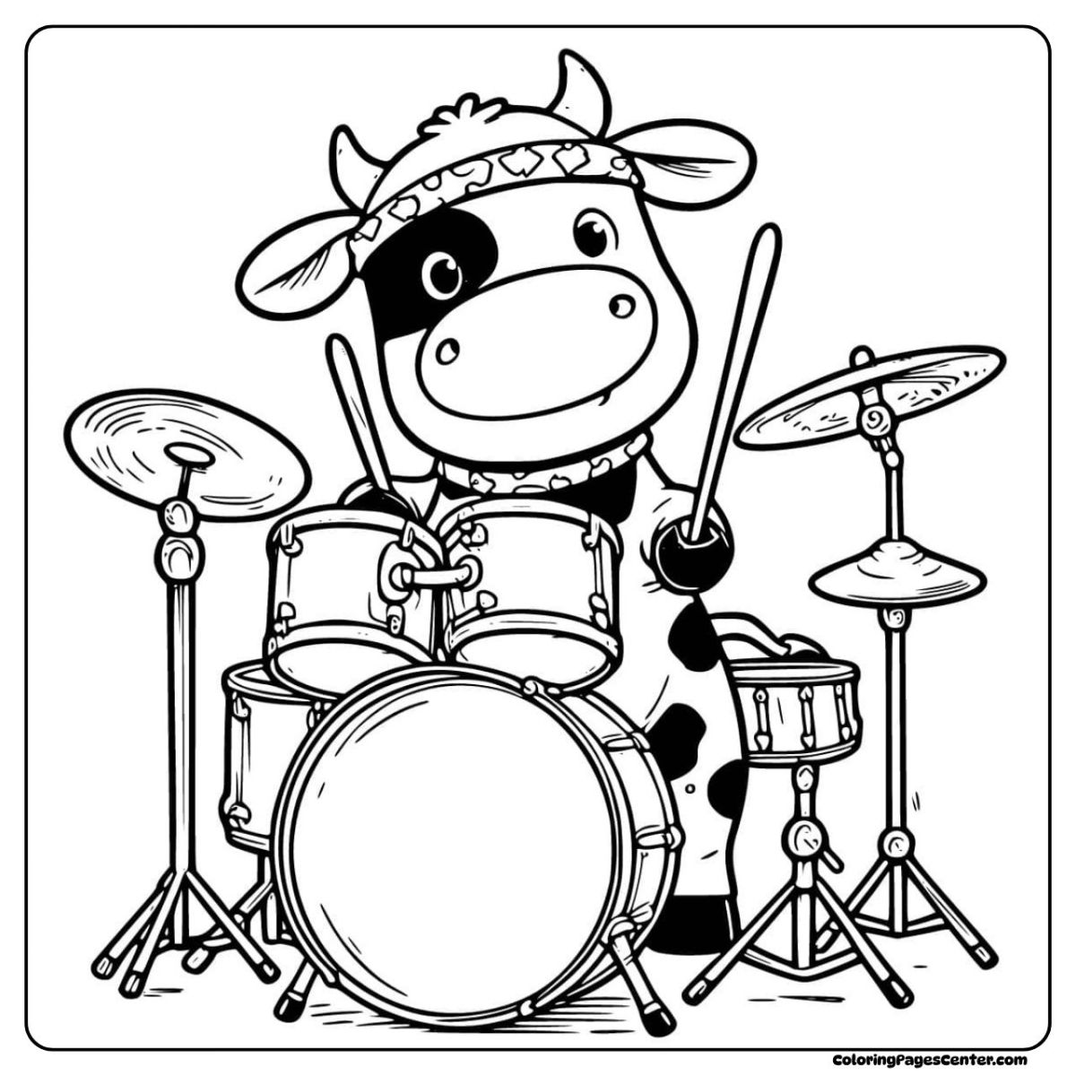 Cow coloring page with a musical cow drumming with energy