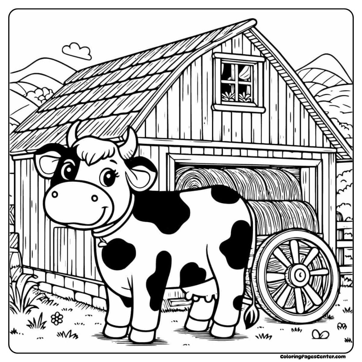 Cow coloring page with a friendly cow standing by a big barn