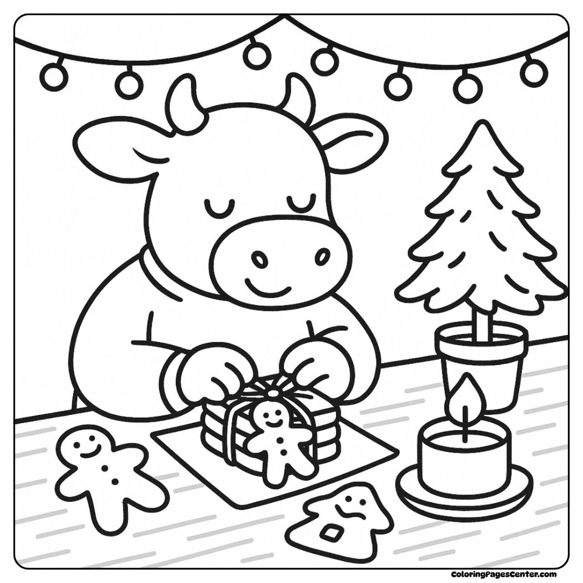 Cow coloring page with a cow making presents and gingerbread treats