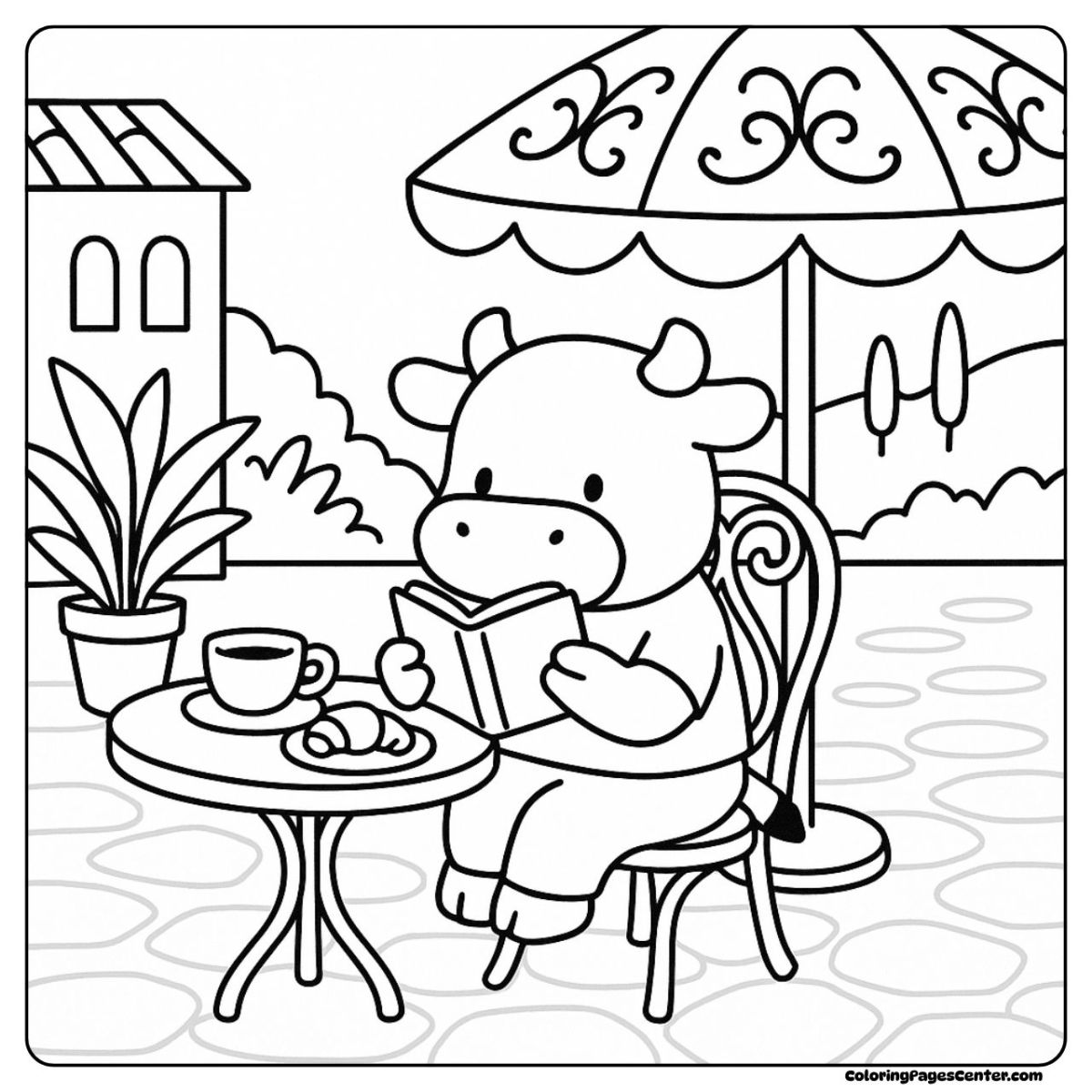 Cow coloring page with a cow enjoying her book and a warm drink